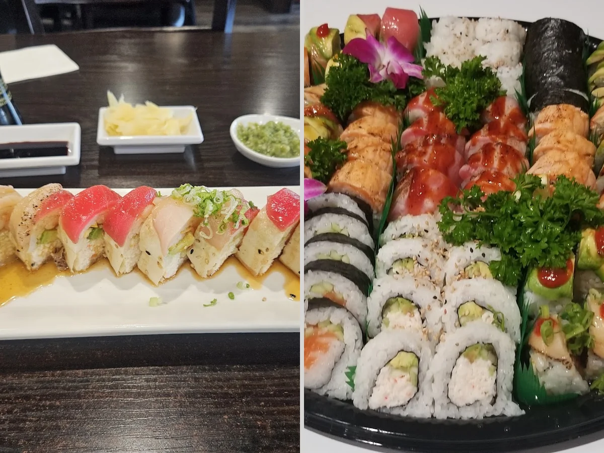 Plated sushi rolls on a restaurant table.