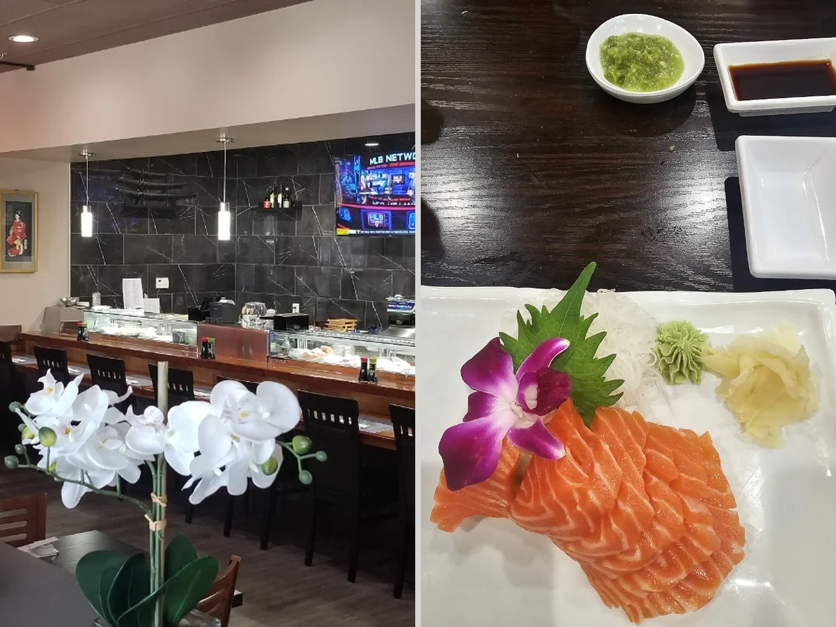 Assorted Japanese dishes on white plates.