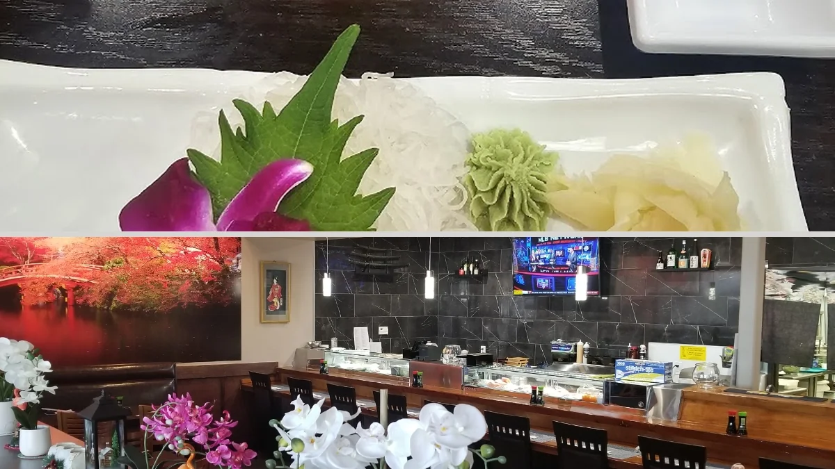 A sushi restaurant dining table with shared plates.
