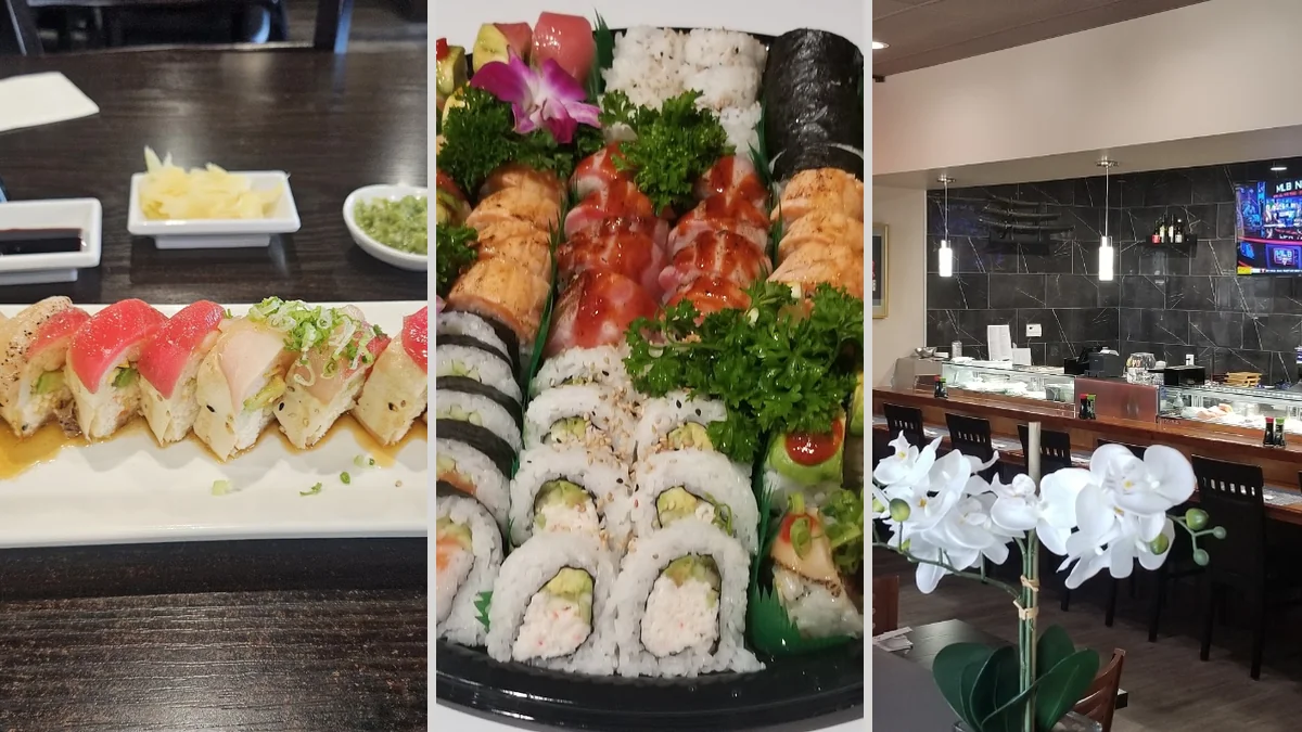 Plated sushi rolls on a restaurant table.