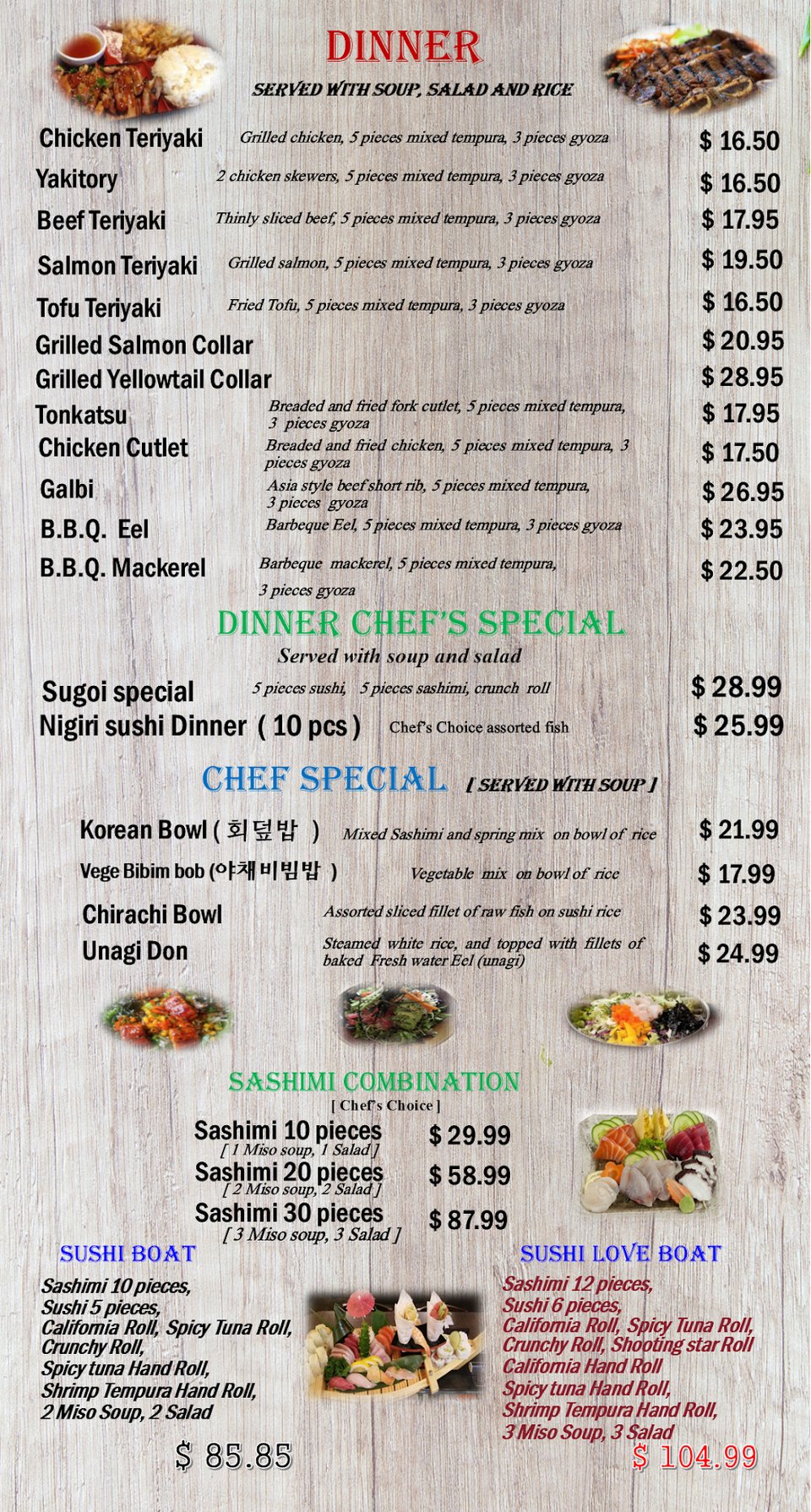 Menu page listing teriyaki bowls and sushi.