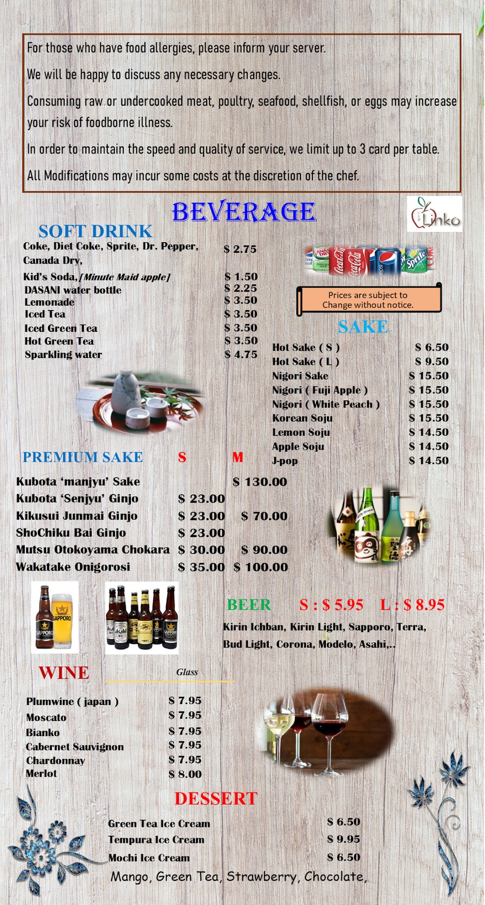 Restaurant menu showing appetizers and sake.