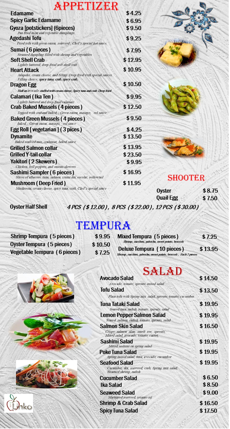Printed sushi menu with lunch specials.